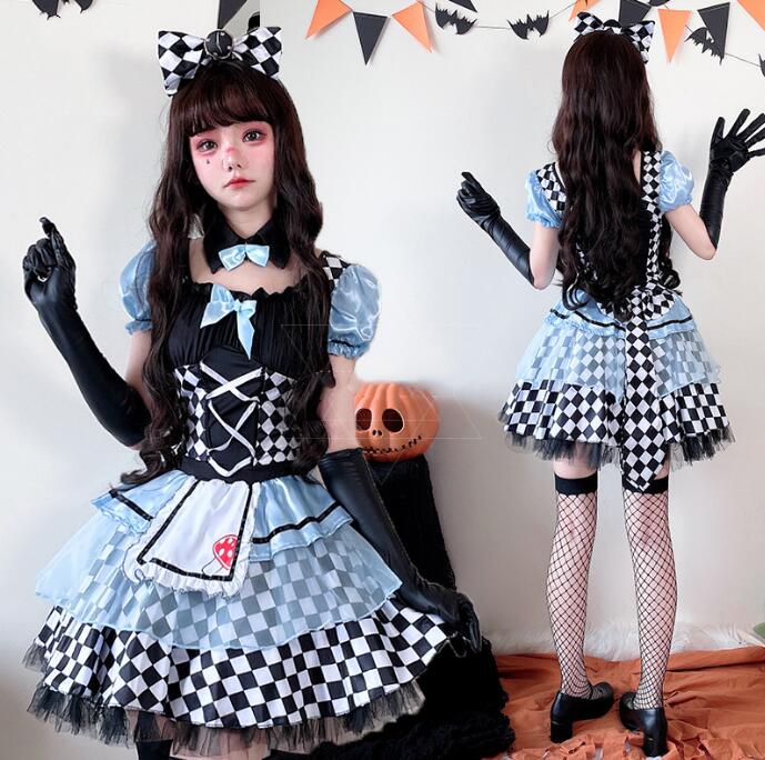 【TikTok人気新品】レディース ハロウィン コスプレ衣装 メイド服 チェック柄 ロリータ服 魔女 吸血鬼 セクシー コスプレ衣装 バー演出服 Halloween 半袖ドレス メイドコスプレ ブルー