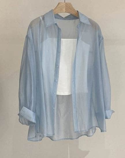 レディース トップス シャツ 襟付き 角襟 ストレート 薄手 シアー 大人可愛い きれいめ シンプル カジュアル 上品 おしゃれ かっこいい ラフ エレガント 抜け感 爽やか 無地 春 夏 10代 2