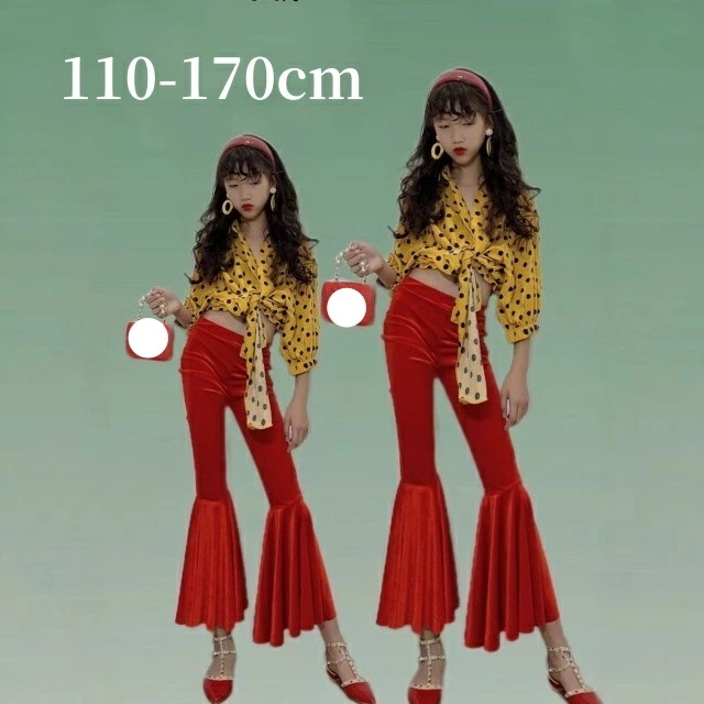シャツ+パンツ 赤 ラテンダンス ガールズ ステージ 女の子 キッズダンス衣装 ジャズダンス服 ベルボトム イエロー チアダンス 漫才 長袖 上下セット イベント 演出服 ステージ衣装 ファッション