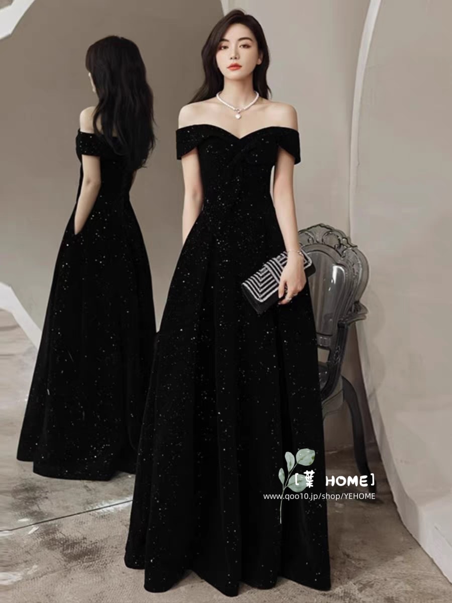 [葉 HOME] パーティードレス ブラックドレス 花嫁 ウェディングドレス エンパイアドレス 披露宴 二次会 前撮り ワンピース ウエディング ロングドレス