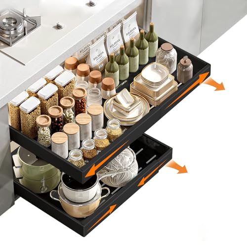 ママ倉 キッチン収納引き出し 幅43-68cm 奥行42cm 高さ7cm 伸縮式 穴開け不要 スライドレール付き 台所用 ブラック