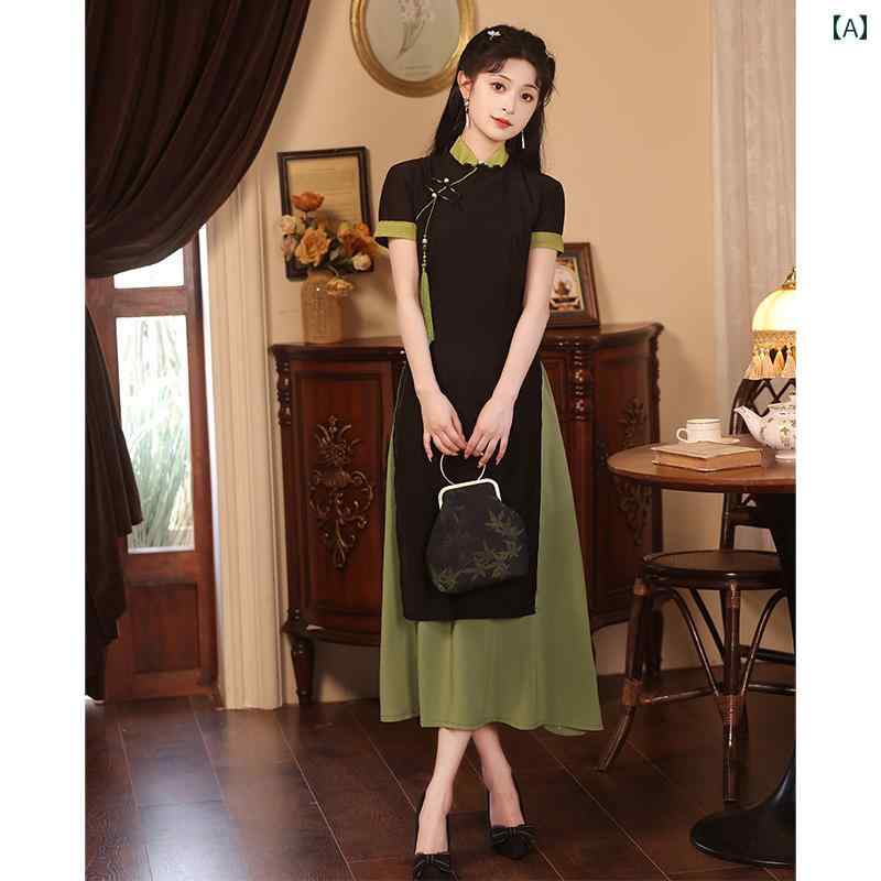 アオザイ チャイナドレス レディース ベトナム レトロ オブリーク スリットなし 夏 茶 アーティスト ブラック