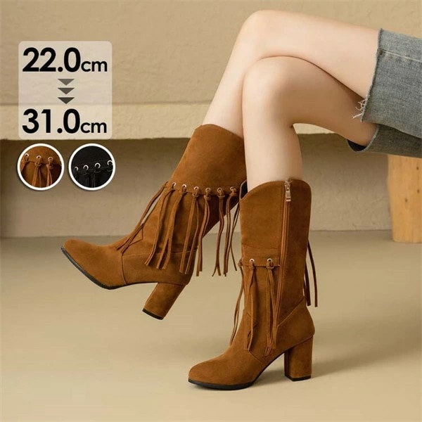 ウエスタンブーツ レディース フリンジ付き ミディアム チャンキーヒール 美脚 サイドジップ ショート ブーツ 太ヒール 秋冬 疲れにくい 歩きやすい 太ヒール ブーツ スムース 防寒 歩きやすい 小