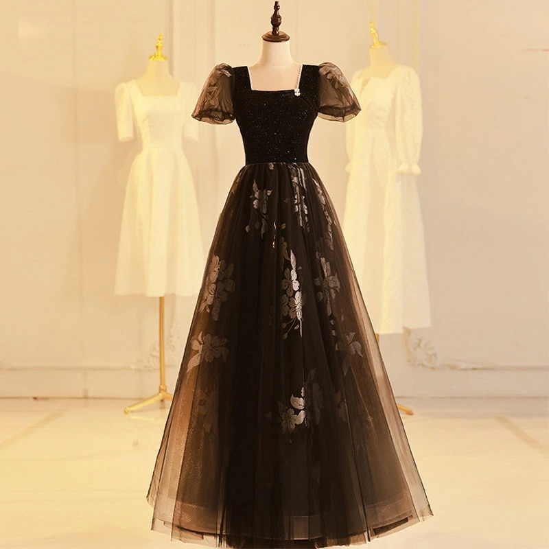 イブニングドレス 黒 ベロア ベルベット ロングドレス 発表会ドレス パーティードレス ブラック 花柄 オシャレ ロング ドレス Aライン イブニングドレス 発表会 結婚式ドレス 二次会ドレス S M