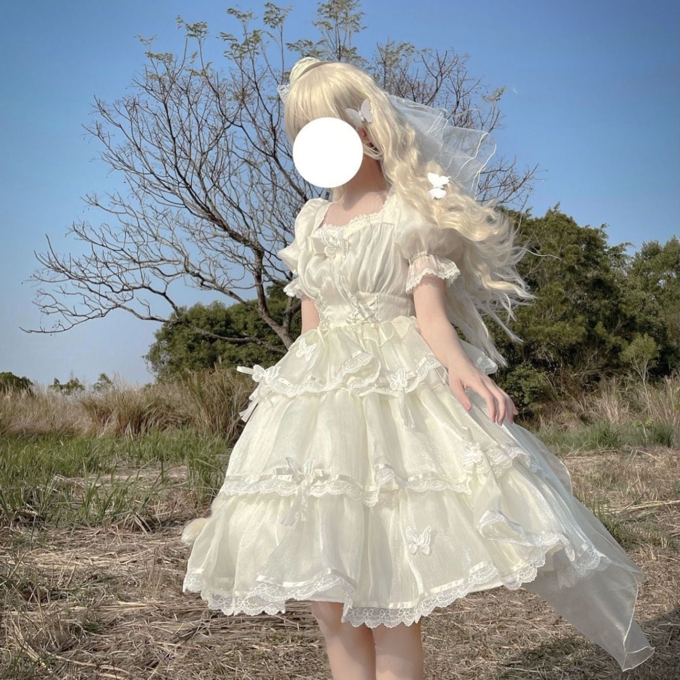 ロリータドレス オプフラワー ウェディング ゴージャス スクエアネック パフスリーブ 三段スタイル 5,049円