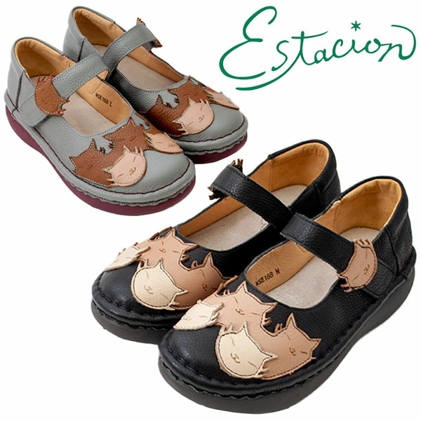 estacion エスタシオン MSE168 レディース シューズ 本革 ネコのモチーフ 新作 ネックベルト 新作 人気 軽量 面ファスナー 可愛い フカフカインソール 歩きやすい 疲れにくい 安定感