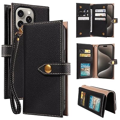 Sursuni iPhone 15 Pro 用 ケース 財布型 カバー 牛革 アイフォン15 プロ ケース 手帳型 本革レザー 柔らかい ストラップ付き マグネット吸合 9枚カード収納+1財布 横置き