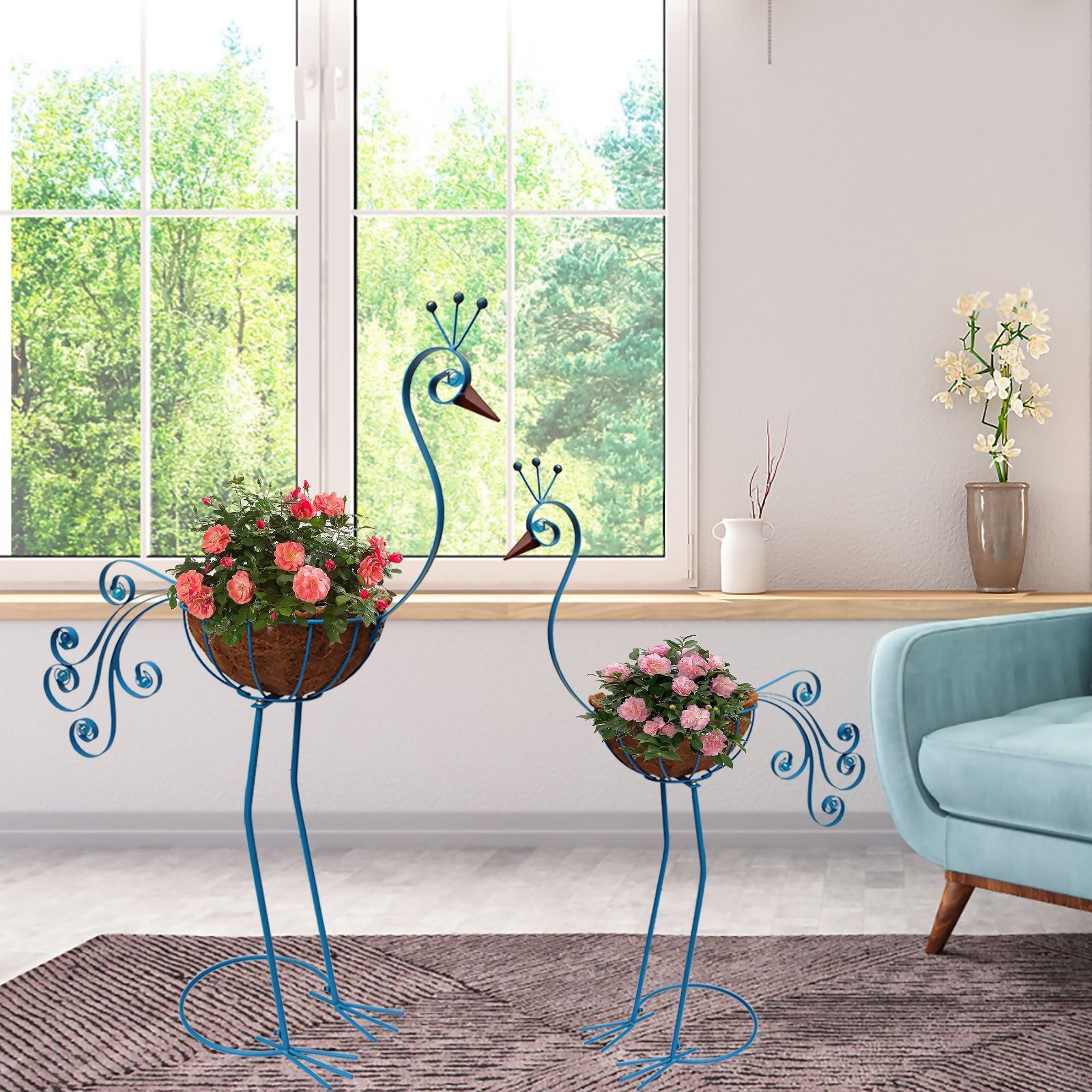 2セット フラミンゴ ブルー 植木鉢 フラワーバスケット 屋外 フェスティバル装飾 フラミンゴフラワーアレンジメント バスケット プランター メタル 庭 装飾 シーン お祝い 結婚式 パーティーty1