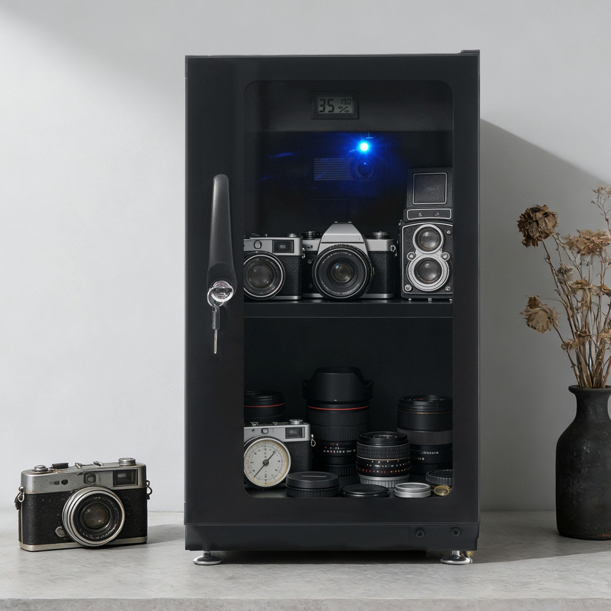 【国内3日内出荷】防湿庫 容量40L ブラックドライボックス 自動除湿 カビ対策 静音 鍵付き ノブ式 ECO省エネ デジタル温度湿度表示 カメラやレンズ収納ケース 防湿ケース