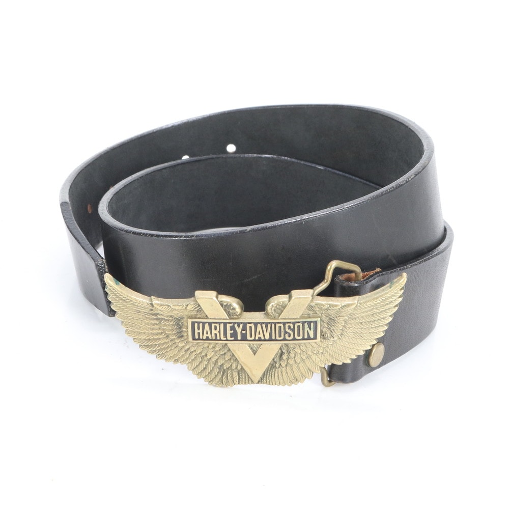 美品 ウィングロゴ ブラック ゴールド バックル カジュアル レザー ベルト メンズ RUE CP7-5 中古