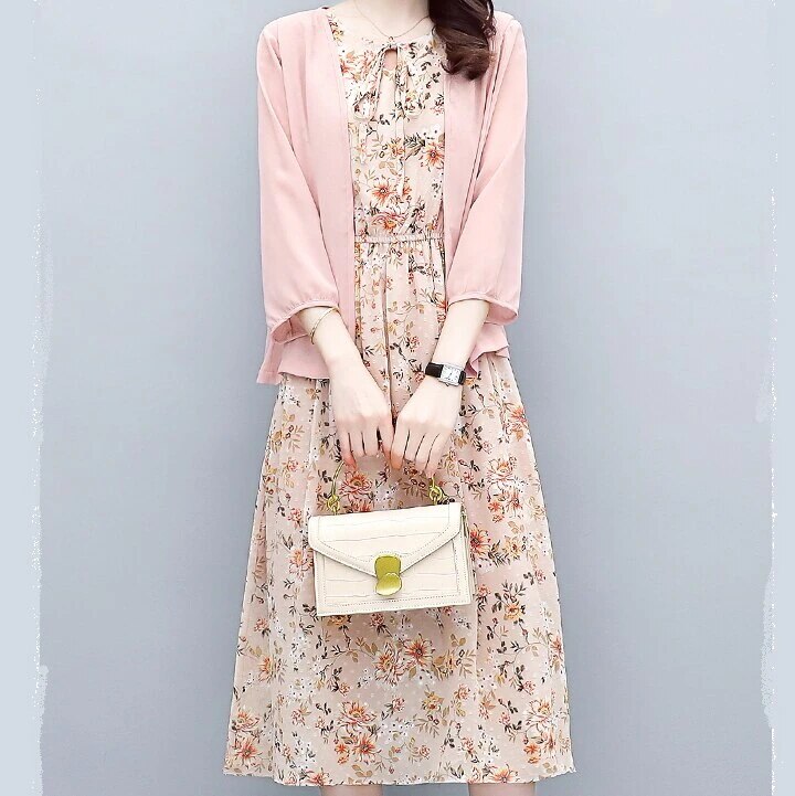 ワンピース レディース ノースリーブ 膝丈 ミモレ丈 ミディアム ひざ下 ラウンドネック 花柄 ツーピース カーディガン ２点セット 女子 大人可愛いデート 女子会 飲み会 旅行 夏 グリーン ピンク