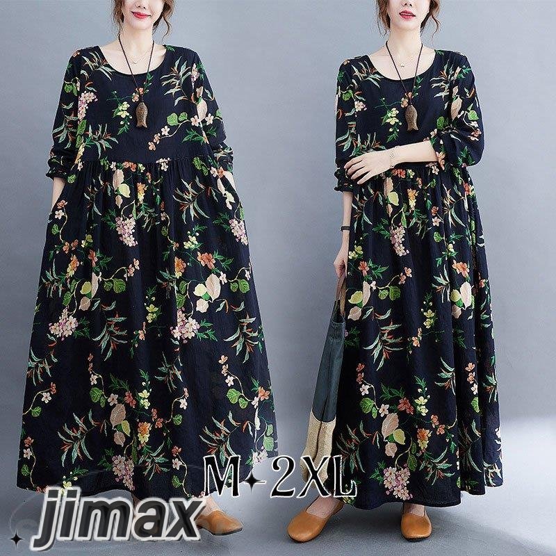 リネン 秋 ワンピース 綿麻 リネンワンピース ラウンドネック麻 プリント 長袖 花柄 ゆったり 40代50代 ホワイトデー プレゼント