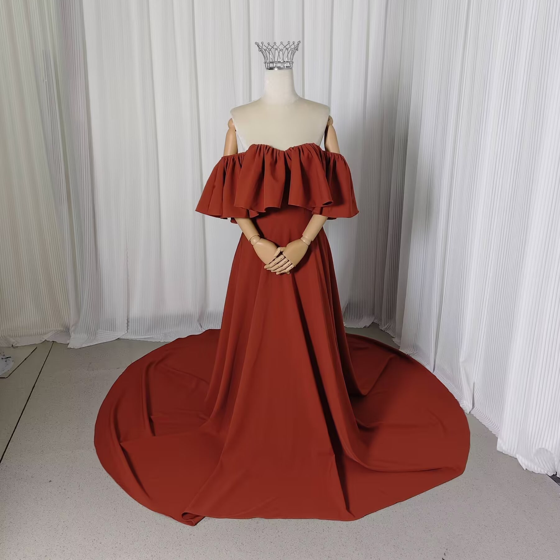 カラードレス テラコッタ色 オフショルダー マット生地 短トレーン スレンダーライン 前撮り 色直し