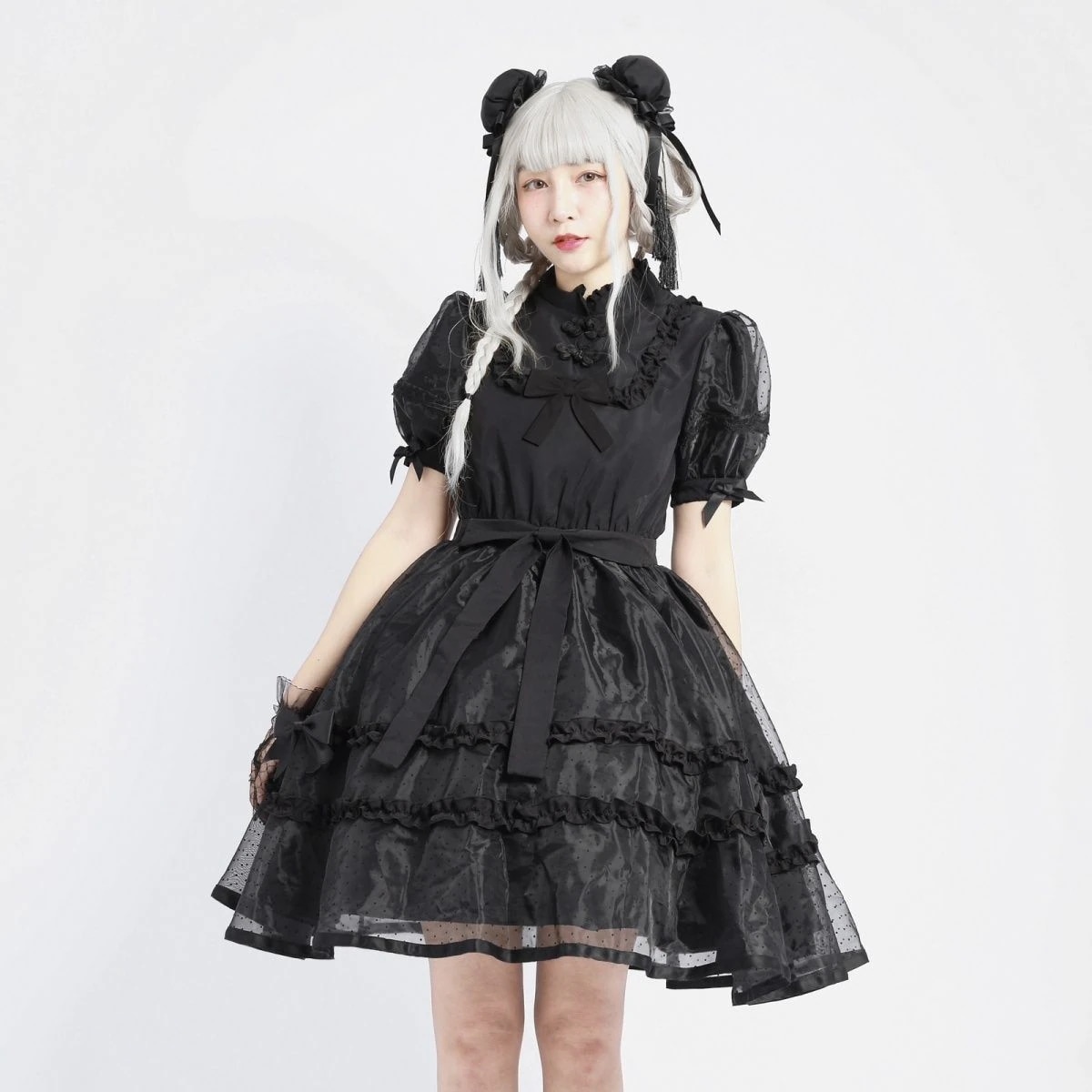 【急速出荷】無.料 ドレス 純黒 オーガンザスカート ロリータ
