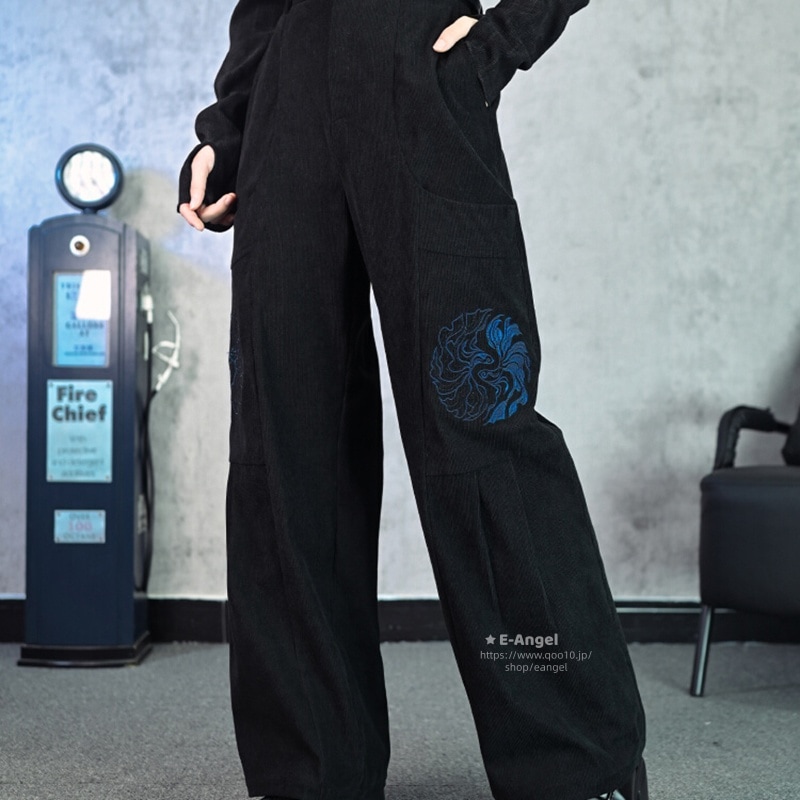 コーデュロイ パンツ レディース ワイドパンツ 秋冬 刺繍 ボトムス ズボン 着瘦せ 脚長効果 大きいサイズ