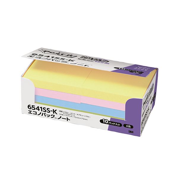 (まとめ) 3M ポストイット エコノパック 強粘着ノート 75×75mm パステルカラー4色 6541SS-K 1パック（10冊） (×5セット)