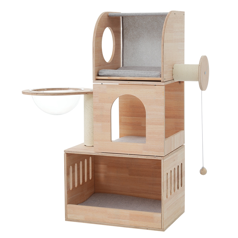 キャットタワー 木製 天然木 据え置き 高さ116cm 展望台 宇宙船付き おもちゃ付き 猫タワー 季節問わず 安定感抜群 隠れ家 機能満載 爪とぎ 多頭飼い 頑丈 省スペース 猫ハウス 新作 おしゃ