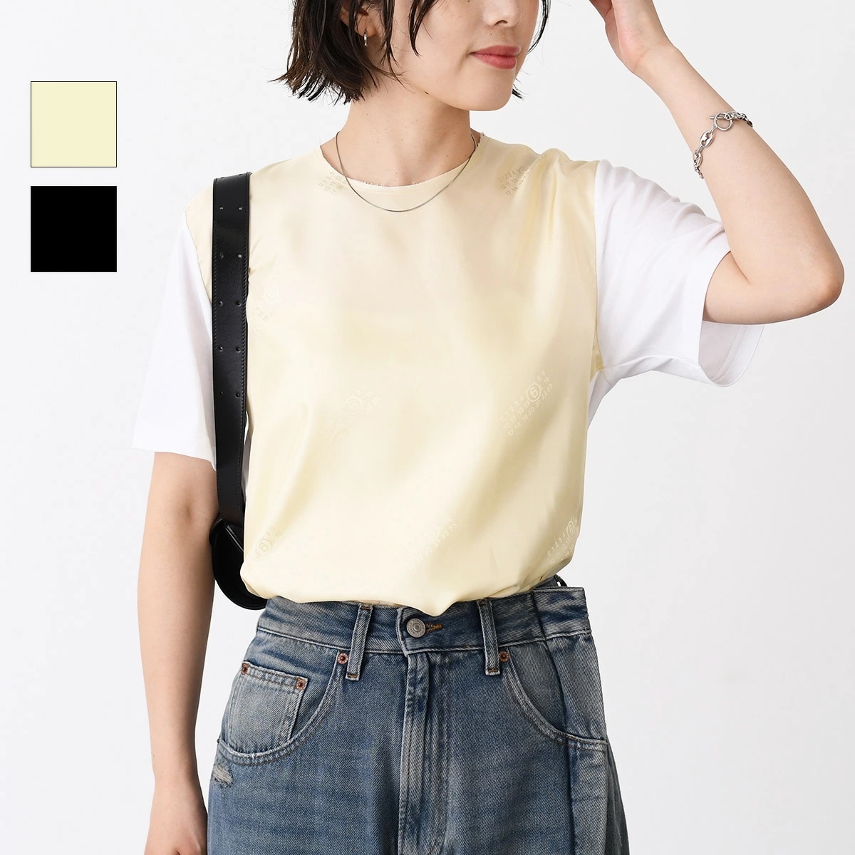 トップス ロゴT ナンバーロゴプリント サテン Tシャツ