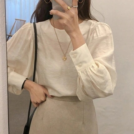 長袖ブラウス トップス ブラウス 袖あり 長袖 クルーネック 綿 ポリエステル かわいい 大人可愛い きれいめ シンプル カジュアル 大人 おしゃれ お洒落 かっこいい 大人可愛い 大人女子 こなれ感