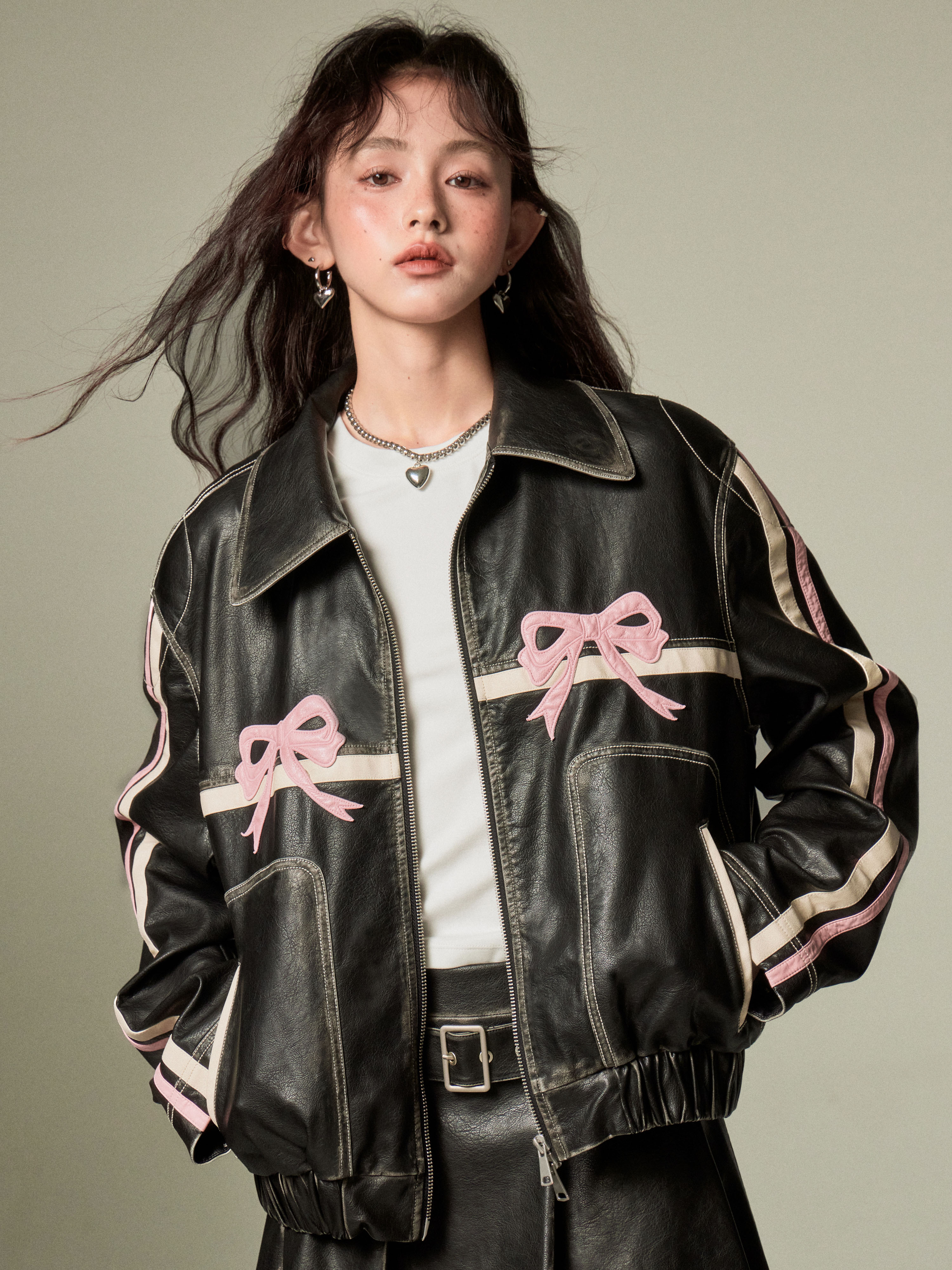 24 甘くてかっこいい 長袖 韓国ジャケット かわいい ショート アウター ブラック 羽織りレディースレトロ合成 バイカラーカジュアル 女っぽ きれいめ ファッション 色っぽ 大人フェイク