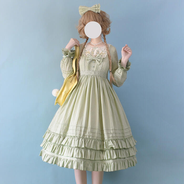 新作 ワンピース ゴスロリ クラロリ 春夏秋 長袖 半袖 選べる カチューシャ セット ドレス ロング丈 ４色 森ガール ゆめかわいい Lolita ロリィタ クラシカル ロリータ 甘ロリ ゴシック