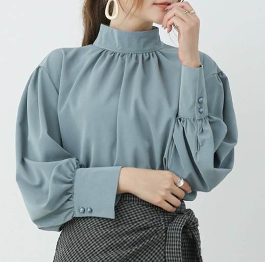 トップス シャツ ブラウス カットソー 袖あり 長袖 バルーンスリーブ スタンドカラー スリム ストレート 大人可愛い きれいめ シンプル 上品 エレガント フォーマル とろみ感 春 秋 誕生日 20