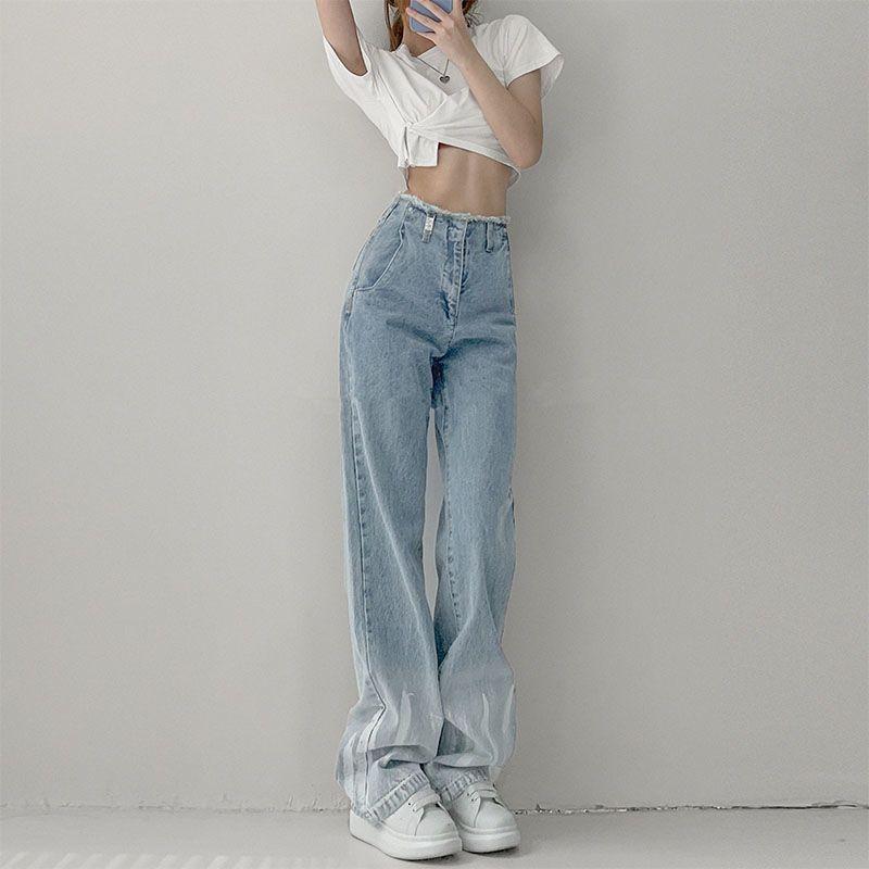 デニムパンツ レディース ボトムス タイダイ ジーンズ ハイウエスト カウガール グラデーション ワイド カジュアル ストレート ブルー