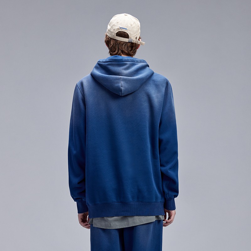 トレンドのブルードロップショルダーフード付きスウェットシャツ メンズ プラスベルベット厚手シティボーイ 和風フェードパーカー ルーズ