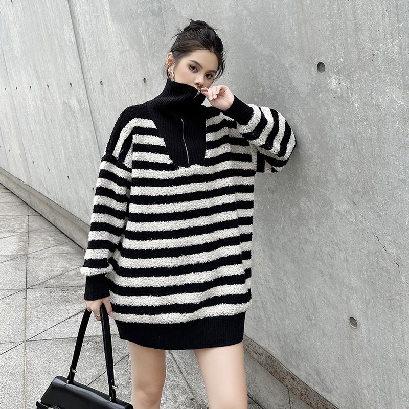 【J.Fashion】 ロングニット ボーダー セーター ゼブラ タートルネック レディース ニット 関連商品購入可能 メガ割