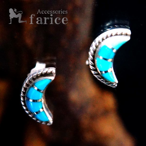 天然石 ターコイズ インレイ装飾 ムーン(月)モチーフ ロープ(縄目)エッジライン立体型デザイン メンズ&レディース インディアンジュエリー シルバー925 スタッドピアス 6,142円