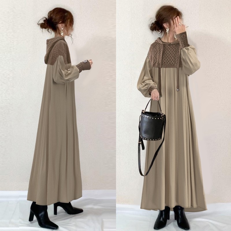 【韓国の人気爆発】 大人可愛い シンプル ギャザー 切り替え 配色 長袖 フード付き カジュアルワンピース レディース