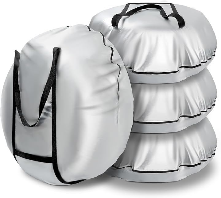 タイヤカバー 屋外 防水 420D タイヤ収納 厚手 ハンドル付き 劣化 UVカット 汚れ防止 防犯 耐久 雨雪対応 全季節対応 タイヤ保管カバー (銀色-4枚, M(65x26cm))