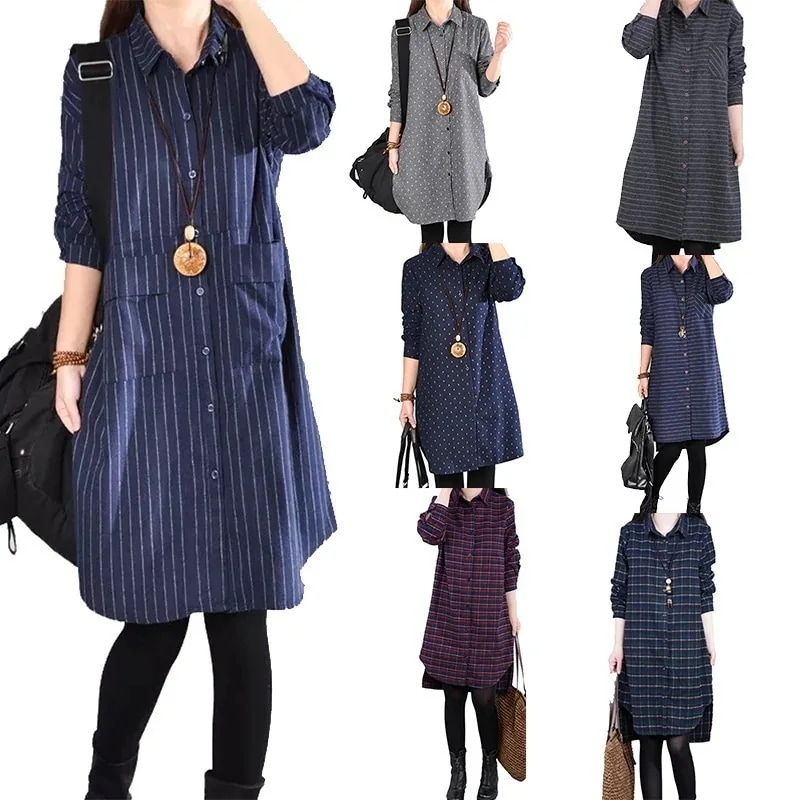 大人気！ レディース カジュアル シャツ ワンピース ロング 丈 チュニック シャツ ユッタリ 長袖 チェック柄 ひざ丈 薄手 ゆったり 大きいサイズ 綿 コットン