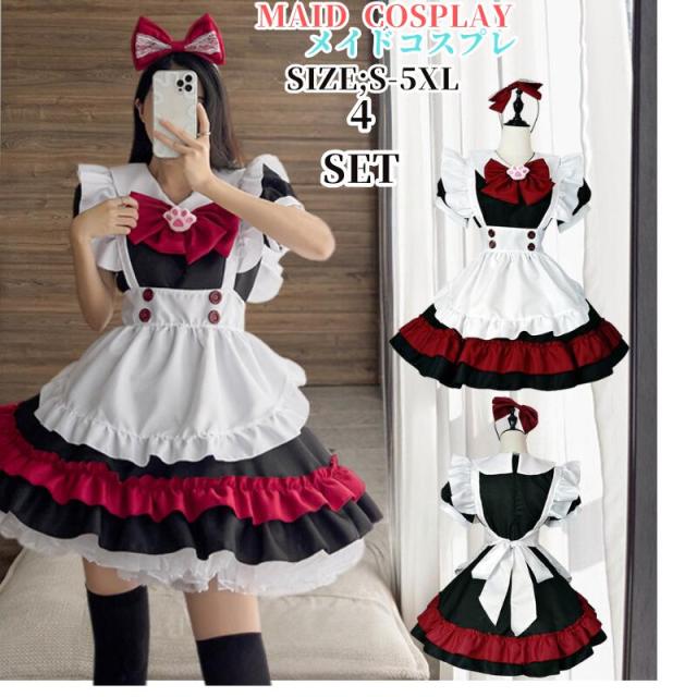 コスプレ 仮装 メイド 服 ゴスロリ 萌え コスプレ 衣装 仮装 女装 フリル ロリータ かわいい カチューシャ 付き セットウェイトレス レディース コスチューム カフェ イベントレッド 学園祭 文