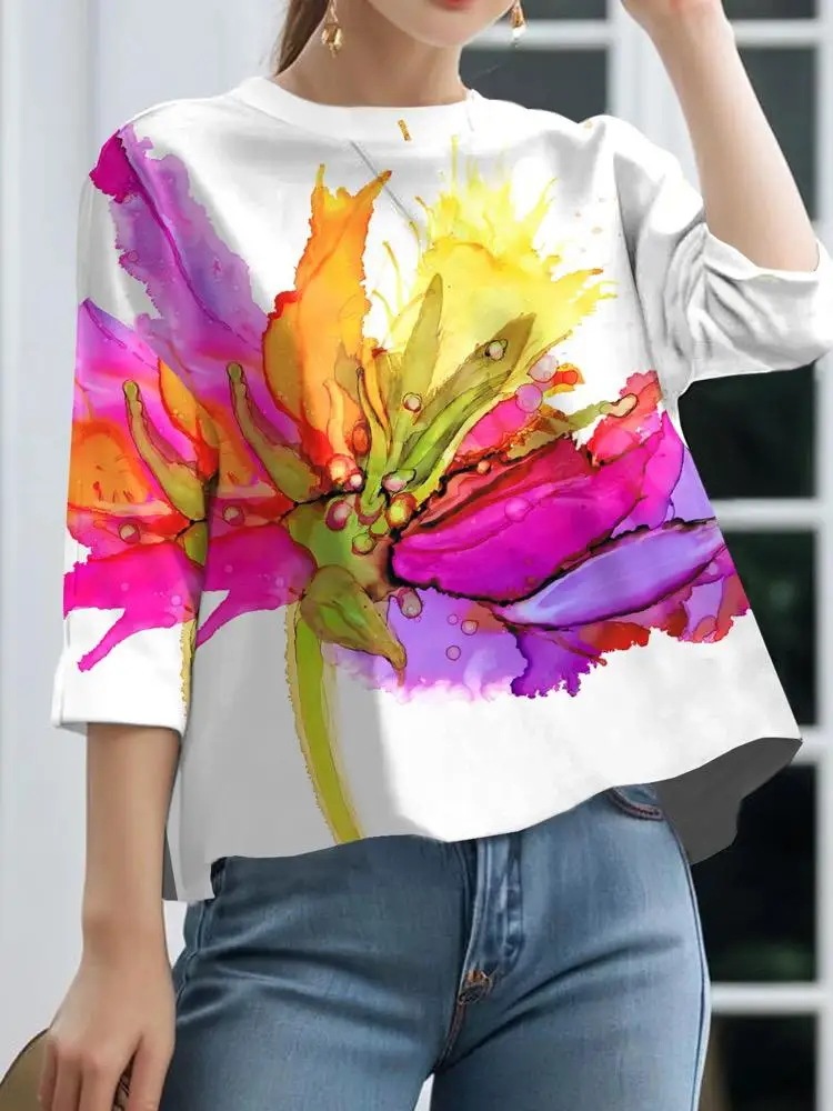 七分袖の女性用フローラルプリントTシャツ,ルーズフィットのプルオーバー,ラウンドネック,シンプルでカジュアルなトップス,新しい夏のコレクション2022 - AliExpress 200000345 8,146円