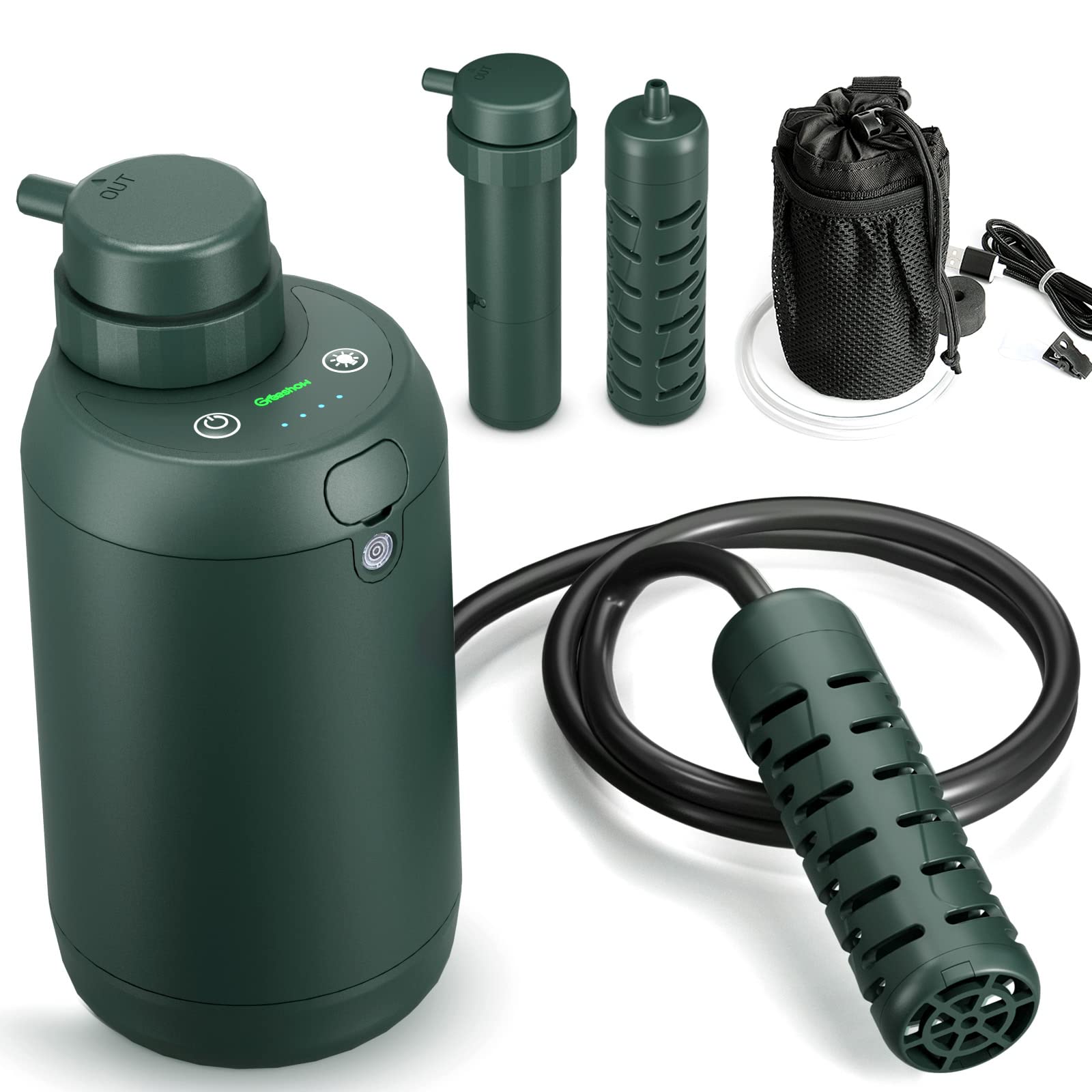 GreeShow【業界新発想】 携帯浄水器 アウトドア 濾過器 サバイバル浄水器 USB電動 登山 キャンプ 野営 災害用 防災用 グッズ 軽量 LED電灯搭載 GS-2801 フィルター 2個セット