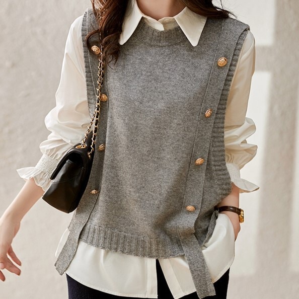 トップス シャツ ベスト ミディアム丈 袖あり 長袖 パフスリーブ 襟付き スーツ襟 ストレート リブ ニット 2点セット ツーピース 大人可愛い きれいめ シンプル 大人 おしゃれ かっこいい