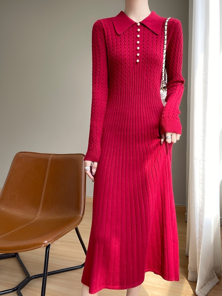 24秋冬POLO襟アンディベルベットロングワンピースレディースツイストフラワーパールボタン長袖ニットボトムロングスカート
