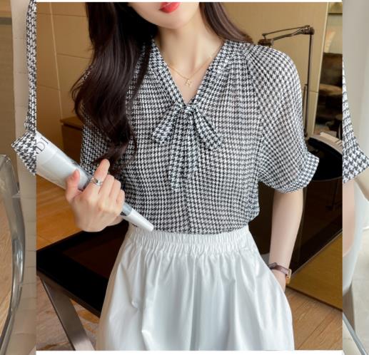 2022夏半袖リボンゆったり千鳥格子系リボンミニシャツプリーツ加工