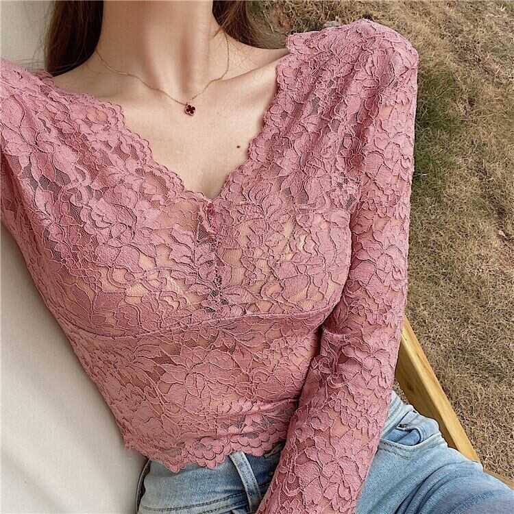 トップス シャツ ブラウス カットソー 袖あり 長袖 Vネック レース かわいい 大人可愛い きれいめ シンプル カジュアル 大人 上品 おしゃれ お洒落 かっこいい レトロ アジアン 大人可愛い w