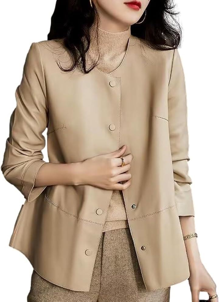 ブルーベリル フェイクレザー ジャケット レディース アウター シンプル ラウンドネック スナップボタン 裏地付き (ベージュ, L)