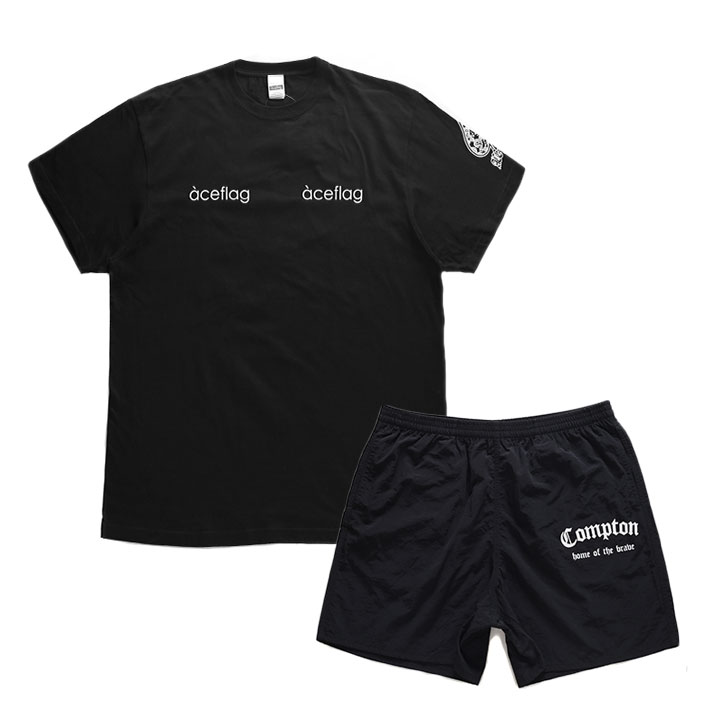 ACE FLAG 上下セット 半袖 ブランド Tシャツ ハーフパンツ メンズ 春夏用 黒 大きいサイズ エースフラッグ セットアップ ナイロンパンツ 背番号 ナンバー