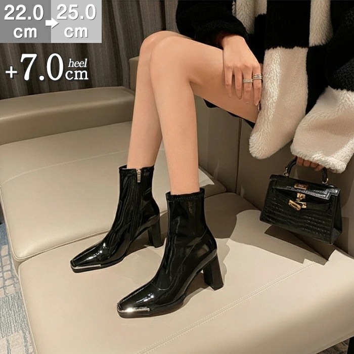 ブーツ エナメル レディース ハイヒール 7cmヒール ショート丈 ショートブーツ ストレッチブーツ ブラック 黒 スクエアトゥ チャンキーヒール 太ヒール 裏起毛 ソックスブーツ 歩きやすい 痛くな
