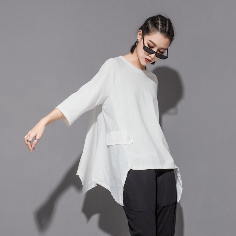 トップス Tシャツ カットソー 白トップス 袖あり 7分袖 ラウンドネック セミフレア ペプラム アシンメトリー 切り替えデザイン バックコンシャス おしゃれ 大人女子 こなれ感 ラフ
