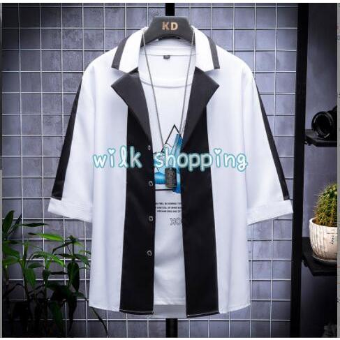 【短納期】シャツ メンズ 夏服 7分袖 おしゃれ ストライプ ビジネス Yシャツ ボタンダウン バンドカラー カジュアル ワイシャツ