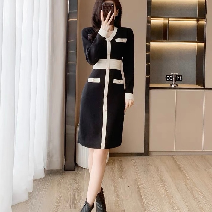 ワンピース 韓国 オルチャン バイカラー ボタン飾り レトロ ニットワンピース ニットワンピ タイトワンピース デザインワンピース ワンピ ロング ロング丈 前開き 襟付き ボタン スリット 袖あり