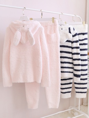 秋冬ふわふわ半毛ウサギ耳連帽ファスナー部屋着セット日系アニメ可愛いパジャマ女