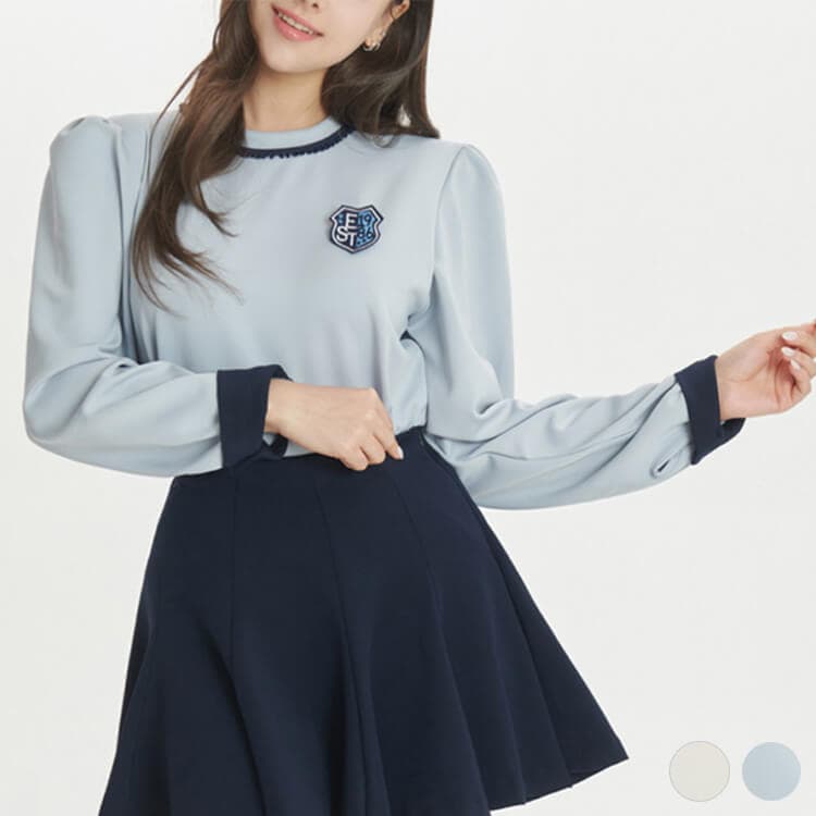 ゴルフウェア レディース 韓国 トップス 長袖 Ｔシャツ ブラウス 秋 春 パフスリーブ バイカラー 配色 かわいい フェミニン ワッペン おしゃれ