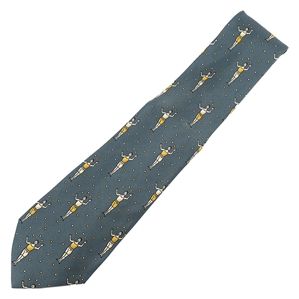 エルメス ネクタイ ジャグリング 9cm シルク グリーン×イエロー 青緑 黄色 人モチーフ 【中古】