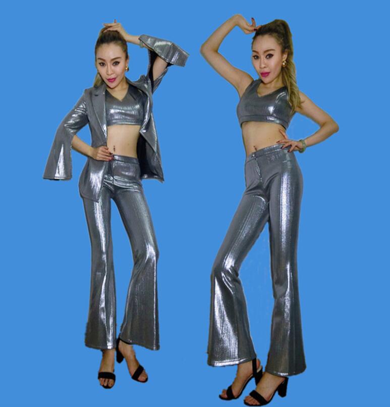レディース スーツセット　ステージダンス衣装 ロング丈ガウチョパンツ　光沢あり舞台ダンス衣装 シルバー　スーツセット ジャズダンス ヒップホップダンス ジャケット パンタロン フレアパンツ　DJ